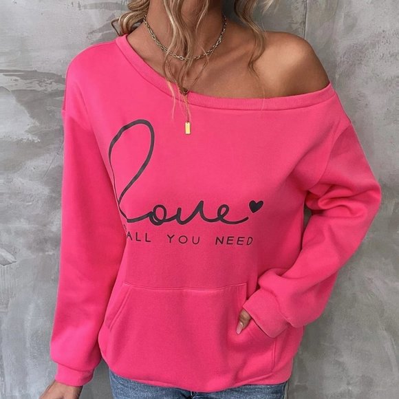 Pink Preppy Womens Heart & Slogan Graphic Kangaroo Pocket Sweatshirt - Picture 4 of 5